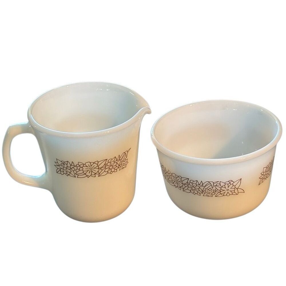 Pyrex Woodland Pattern Milk Glass Creamer & Sugar Bowl